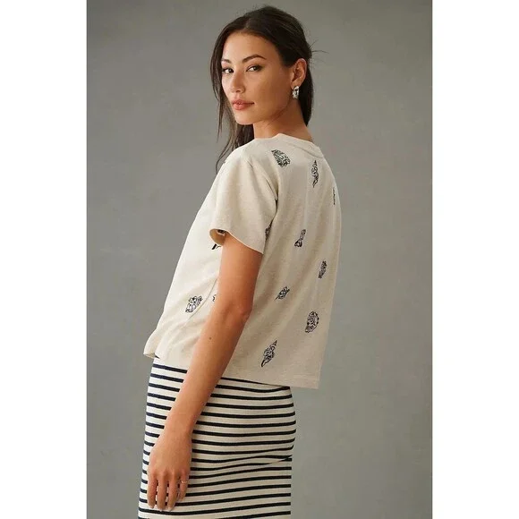 Anthropologie Maeve Embroidered Shell Short-Sleeve Sweatshirt Top L New 281991